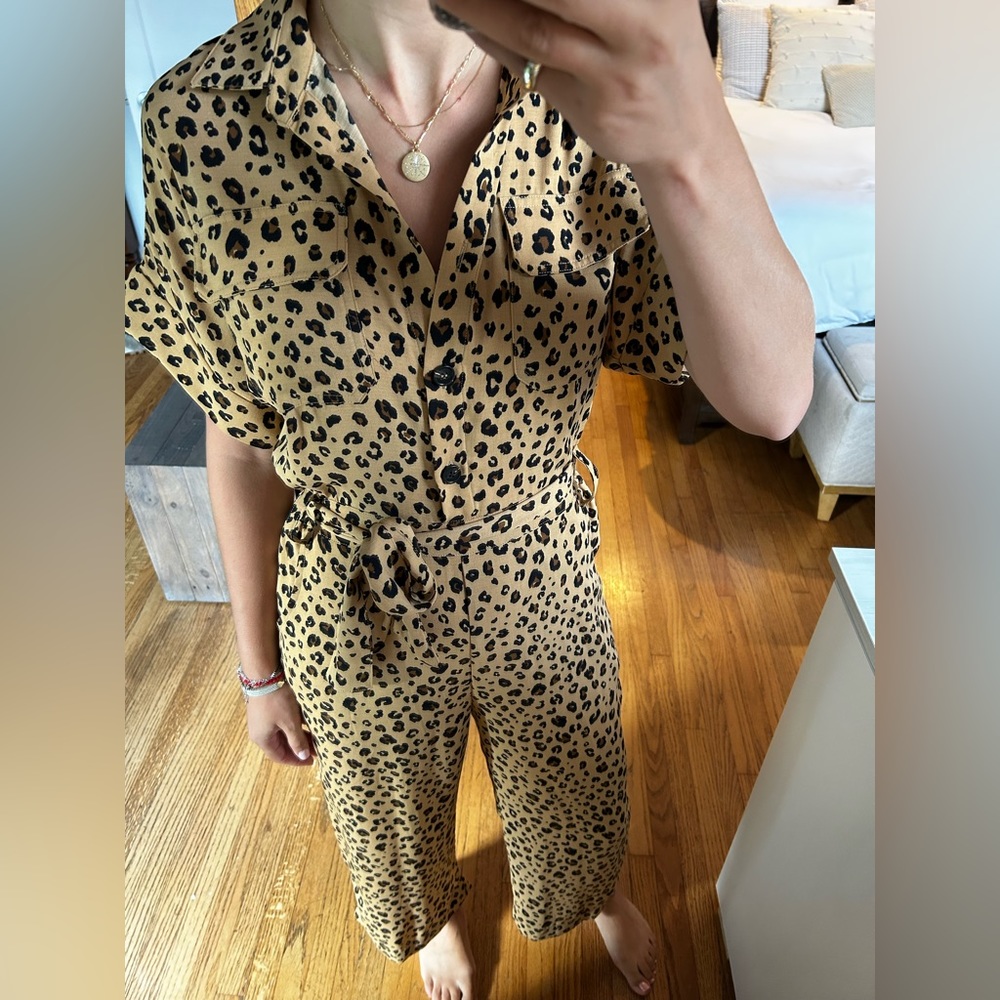 Leopard print canvas jumpsuit. Super comfy!